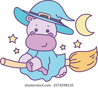 Cute hippo vector icon with Halloween theme. Funny baby hippo animal Halloween illustration.
Baby witch hippo wings with broomstick