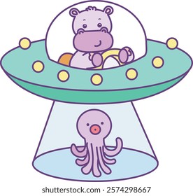 Cute hippo vector icon with Halloween theme. Funny baby hippo animal Halloween illustration.
Baby hippo in the spaceship