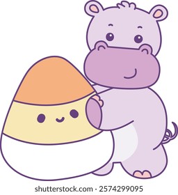 Cute hippo vector icon with Halloween theme. Funny baby hippo animal Halloween illustration.
Baby hippo hugging a yellow candy