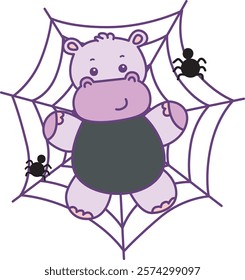 Cute hippo vector icon with Halloween theme. Funny baby hippo animal Halloween illustration.
Baby hippo stuck in the web