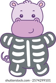 Cute hippo vector icon with Halloween theme. Funny baby hippo animal Halloween illustration.
Baby hippo wearing a skull costume