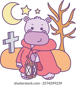 Cute hippo vector icon with Halloween theme. Funny baby hippo animal Halloween illustration.
Baby hippo wearing a red hoodie in the grave