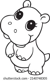 Cute hippo vector illustration. Cartoon hippopotamus vector print. Line art illustration. Little funny animal with big cute eyes.