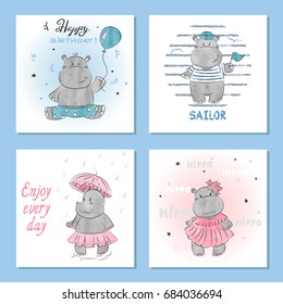 Cute Hippo vector illustrations. Set of birthday greeting cards, posters, prints.