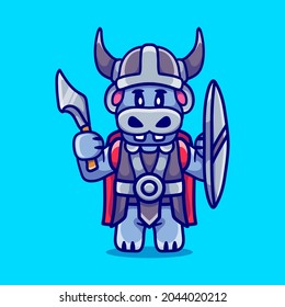 cute hippo viking with ax and shield, suitable for t-shirt design or viking animal mascot