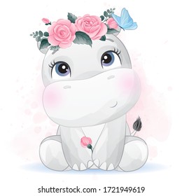 Cute hippo with watercolor effect