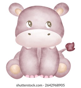 cute Hippo watercolor illustration for kids and baby greeting card or poster with isolated background. Watercolor Illustration Baby Safari Animals and Tropical Leaves Banner.