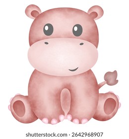 cute Hippo watercolor illustration for kids and baby greeting card or poster with isolated background. Watercolor Illustration Baby Safari Animals and Tropical Leaves Banner.