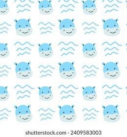 cute hippo and wave simple shape pattern. Vector illustration for nursery design, baby animal background. 