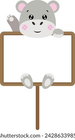 Cute hippo waving hanging a blank signboard
