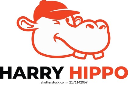 Cute Hippo Wearing Cap Monoline Outline Logo Vector Icon Illustration for Branding