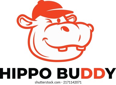 Cute Hippo Wearing Cap Monoline Outline Logo Vector Icon Illustration for Branding