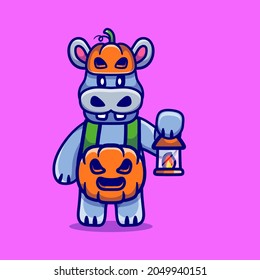 cute hippo wearing halloween pumpkin costume, suitable for Halloween t-shirt designs or cute halloween animal mascots