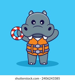 Cute Hippo Wearing Safety Lifebuoy Vector Cartoon Illustration