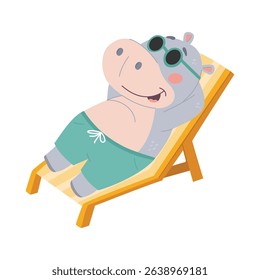 Cute Hippo wearing sunglasses, sunbathing on a sun lounger. 
 Flat vector illustration in simple child style isolated on white background