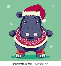 Cute Hippo wearing a tacky Christmas sweater