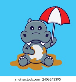 Cute Hippo Wearing An Umbrella Vector Cartoon Illustration