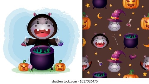 a cute hippo with witch costume halloween character collection. seamless pattern and illustration designs