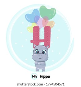 Cute hippopotamul flying with balloon. Art vector illustration. Cute Animal Alphabet Series A-Z. 