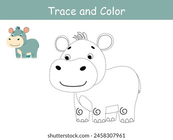 Cute hippopotamus, african animal trace and coloring book or coloring page. Vector illustration