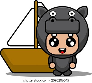 cute hippopotamus amphibian mascot costume character cartoon character boat ship