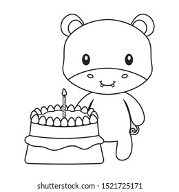 cute hippopotamus animal with cake of birthday vector illustration design