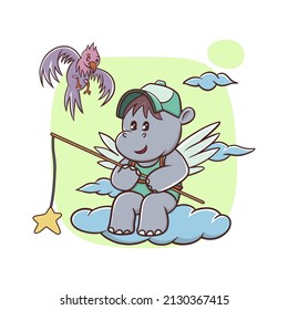 cute hippopotamus animal fishing for stars, suitable for stickers and t-shirts