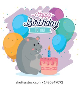 cute hippopotamus animal with sweet cake and balloons