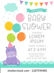 Cute hippopotamus with balloons cartoon illustration for baby shower invitation card template.
