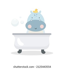 Cute Hippopotamus in the bathroom. Cartoon style. Vector illustration in white background. For kids stuff, card, posters, banners, children books and print for clothes, t shirts.