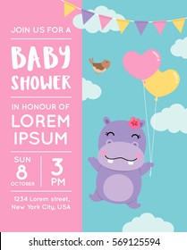 Cute hippopotamus and bird cartoon illustration for baby shower invitation card design template