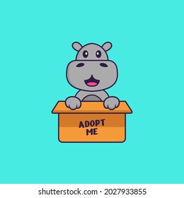 Cute hippopotamus in box with a poster Adopt me. Animal cartoon concept isolated. Can used for t-shirt, greeting card, invitation card or mascot.