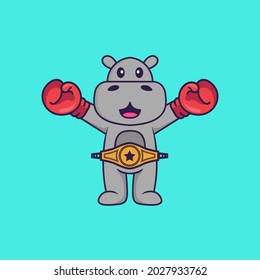 Cute hippopotamus in boxer costume with champion belt. Animal cartoon concept isolated. Can used for t-shirt, greeting card, invitation card or mascot.