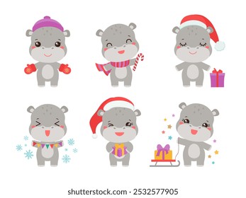 Cute hippopotamus cartoon character winter animal. Christmas theme kawaii baby hippo calf vector illustration. Adorable safari character kids mascot. Holiday children fun doodle flat design.