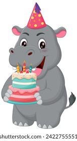 Cute Hippopotamus Cartoon Holding Birthday Cake Vector Illustration. Animal Nature Icon Concept Isolated Premium Vector