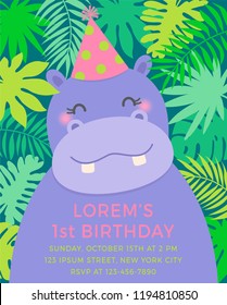 Cute hippopotamus cartoon illustration with copy space for party invitation card template.