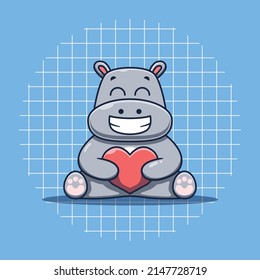 Cute hippopotamus character hugging heart vector illustration. Flat cartoon style.