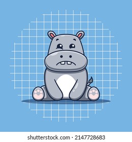 Cute hippopotamus character with sad expression vector illustration. Flat cartoon style.