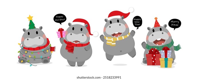 Hipopótamo lindo en vacaciones de Navidad. Feliz año nuevo y feliz Navidad con animal en traje de invierno. -Vector