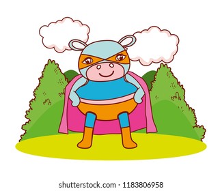 cute hippopotamus with costume mask and cape in the landscape