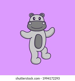 Cute hippopotamus is dancing. Animal cartoon concept isolated. Can used for t-shirt, greeting card, invitation card or mascot.