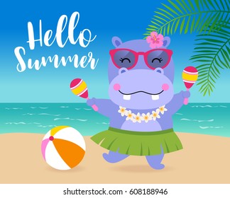 Cute hippopotamus dancing on the beach  in summer holidays concept