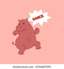 Cute hippopotamus dancing and smiling. Cartoon funny bear have fun on disco party. Music wild animal entertainment. Vector flat happy mammal character illustration isolated on white