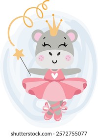 A cute hippopotamus dressed as a ballerina, with a crown on its head and a magic wand in its hoof.