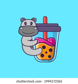 Cute hippopotamus Drinking Boba milk tea. Animal cartoon concept isolated. Can used for t-shirt, greeting card, invitation card or mascot.