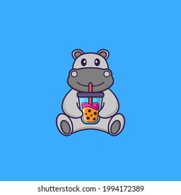 Cute hippopotamus Drinking Boba milk tea. Animal cartoon concept isolated. Can used for t-shirt, greeting card, invitation card or mascot.