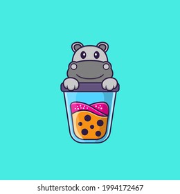 Cute hippopotamus Drinking Boba milk tea. Animal cartoon concept isolated. Can used for t-shirt, greeting card, invitation card or mascot.