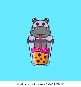Cute hippopotamus Drinking Boba milk tea. Animal cartoon concept isolated. Can used for t-shirt, greeting card, invitation card or mascot.