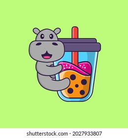 Cute hippopotamus Drinking Boba milk tea. Animal cartoon concept isolated. Can used for t-shirt, greeting card, invitation card or mascot.