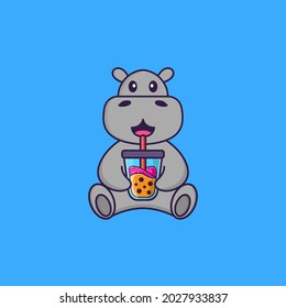 Cute hippopotamus Drinking Boba milk tea. Animal cartoon concept isolated. Can used for t-shirt, greeting card, invitation card or mascot.
